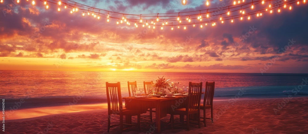 A beautifully set dining table on the beach at sunset, creating a romantic atmosphere. A beautifully set dining table on the beach at sunset, creating a romantic atmosphere.