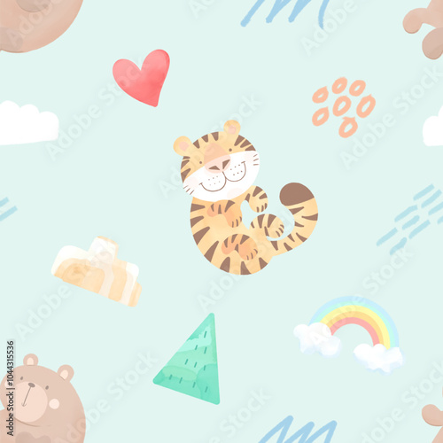 Repeat pattern, animal graphics, bears and tigers on a grass field, trees and sky.