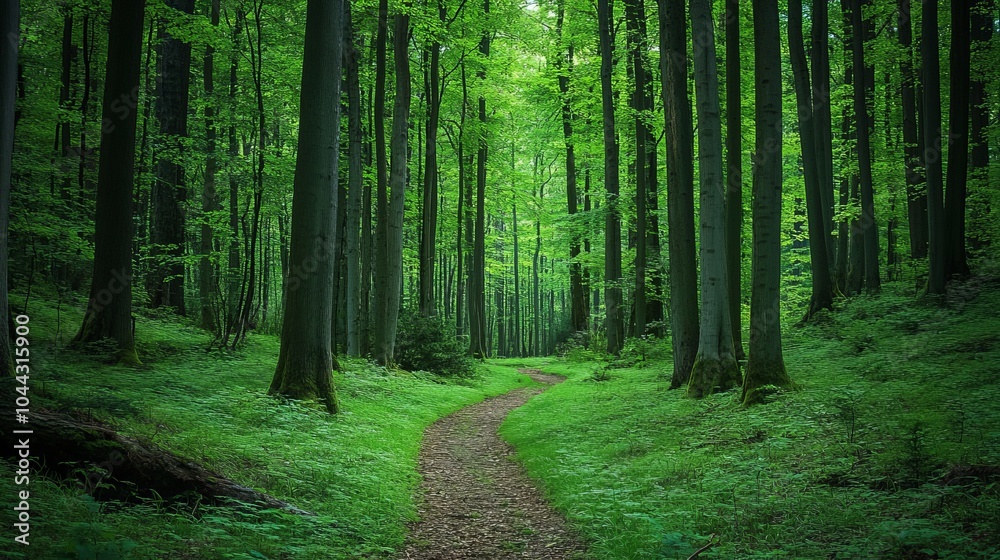 Obraz premium A green forest path surrounded by tall trees,