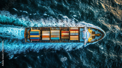 Aerial view of a large cargo ship navigating through vibrant blue ocean waters. photo