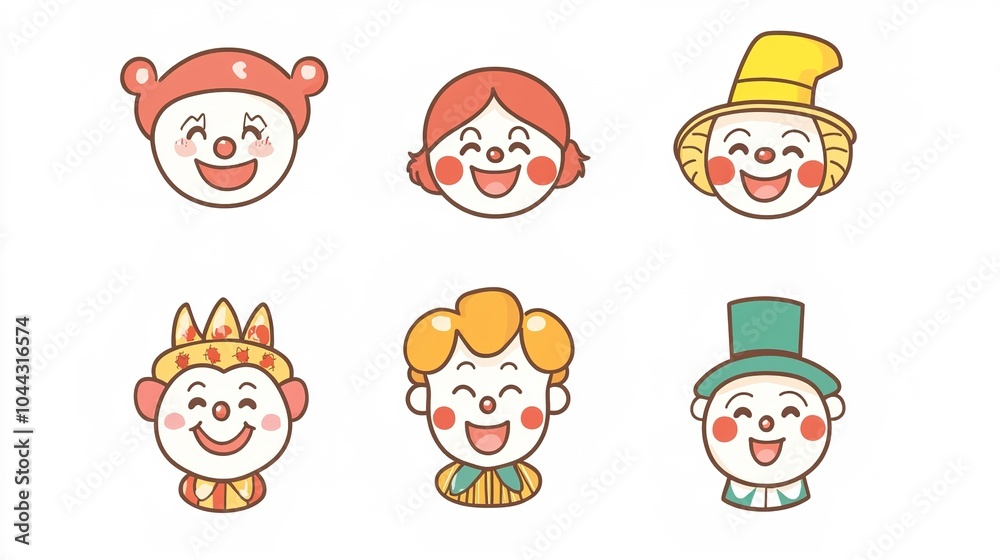 A vibrant set of 9 clown icons in a playful Korean style, featuring cartoon sketches with simple lines and flat illustrations. Each icon presents cute expressions with circular contours, A vibrant set of 9 clown icons in a playful Korean style, featuring cartoon sketches with simple lines and flat illustrations. Each icon presents cute expressions with circular contours,