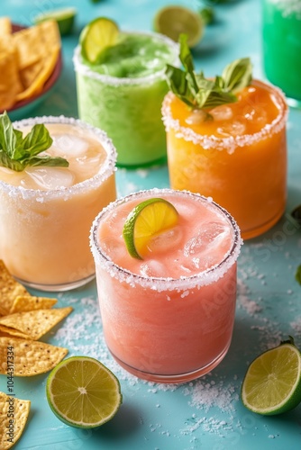 Vibrant cocktails in colorful glasses with lime slices and mint, surrounded by chips and limes, perfect for a refreshing summer gathering.