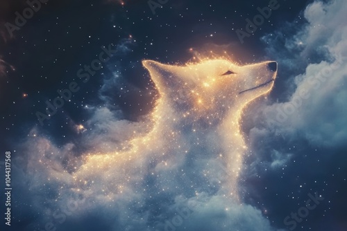 Cosmic fox silhouette glowing with stars and celestial clouds