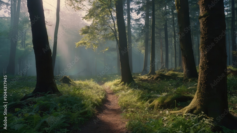 Fototapeta premium Misty forest scene with tall trees and moss-covered ground, serene atmosphere