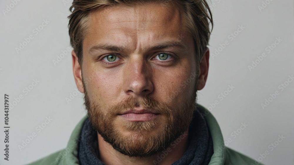 Obraz premium Close-up portrait of young man with honey green eyes on isolated background