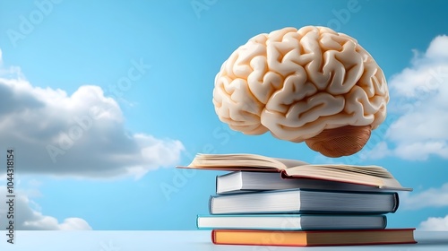 A vibrant brain filled with designs hovering over books representing the creative mind empowered by the pursuit of knowledge and learning