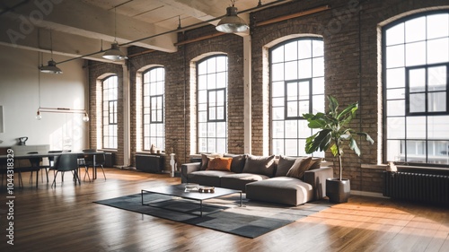 Industrial Loft Living Room A spacious loft living room with large windows, exposed brick walls, hardwood floors, and a modern sofa.