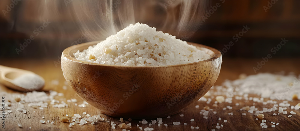 Steaming Bowl of Sea Salt, coarse salt, gourmet salt, wooden bowl, natural, kitchen