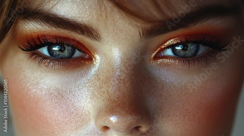 A close-up 3D shot of a woman face with perfectly blended eyeshadow, bold eyeliner, and red lipstick, highlighting the smooth texture of the makeup.