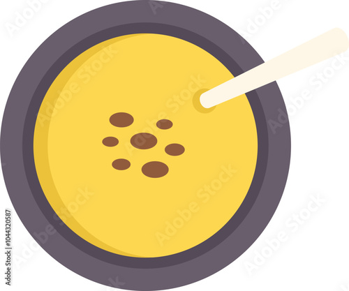 Simple vector illustration of a bowl of soup with a spoon dipping in, perfect for representing mealtime or food related topics