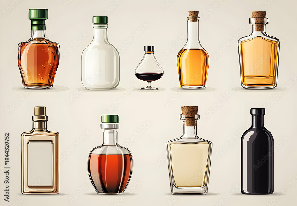 Set of Different Glass Bottles with Wine, Liquor, and Alcohol, transparent, beverage, drink, liquid, container Set of Different Glass Bottles with Wine, Liquor, and Alcohol, transparent, beverage, drink, liquid, container