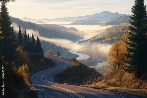 Winding Road Through Mountain Valley at Sunrise - Scenic Autumn Landscape