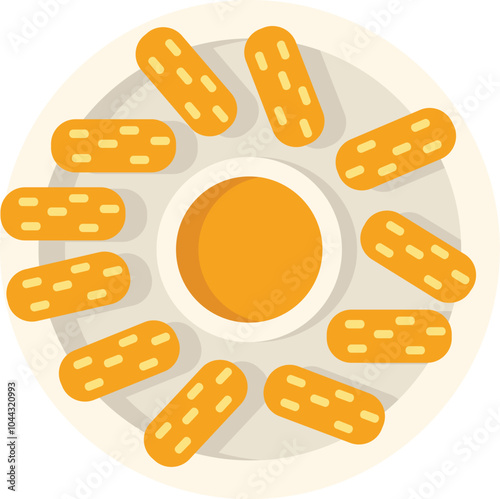 Round plate holding breaded chicken fingers surrounding a bowl of honey mustard dipping sauce