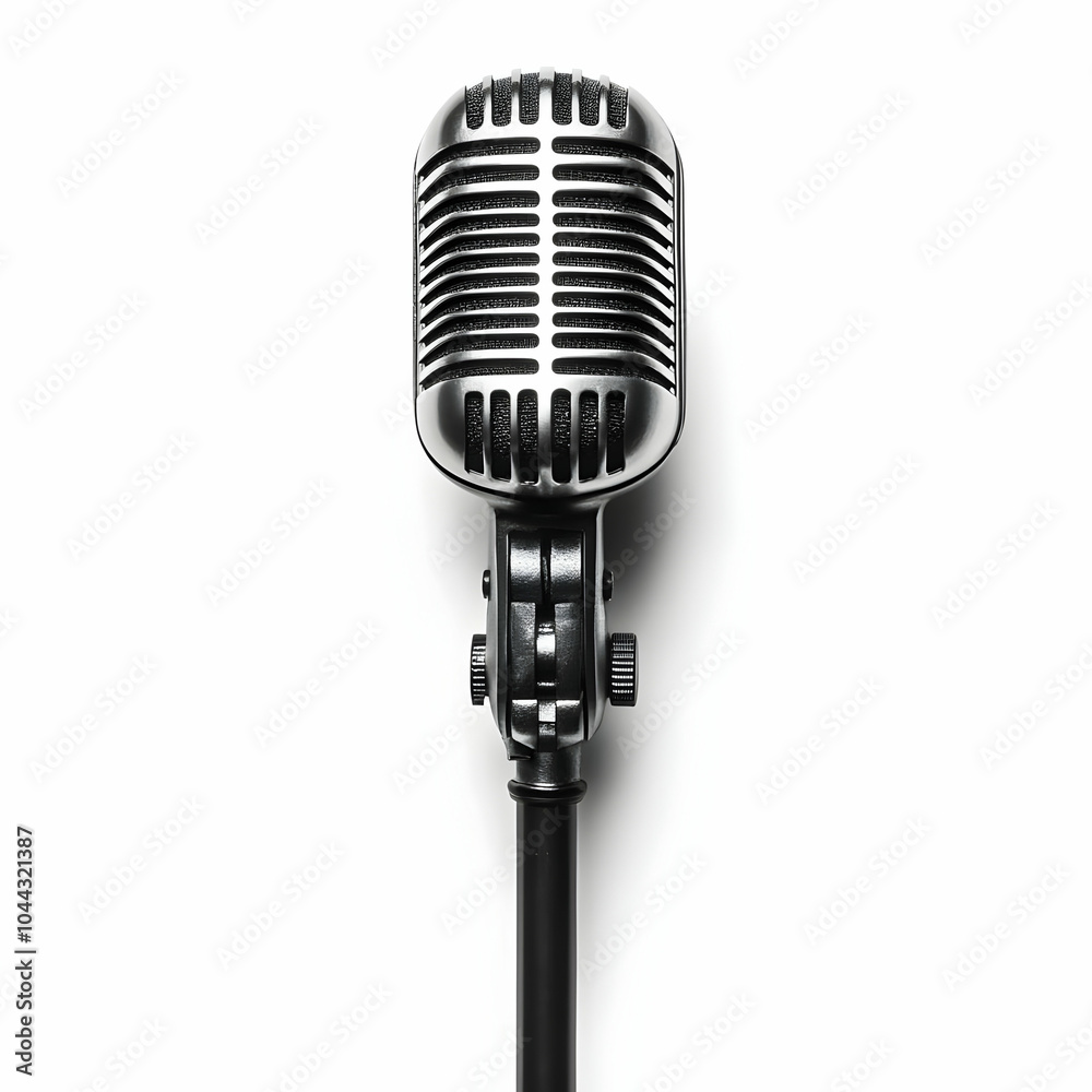 Fototapeta premium Vintage Microphone on White Background, retro microphone, silver microphone, old microphone, microphone stand, music microphone