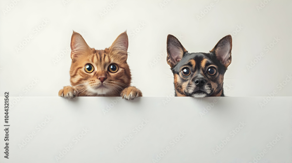 Fototapeta premium Cat and dog looking over a white sign, pet, pets, animal, animals, kitten