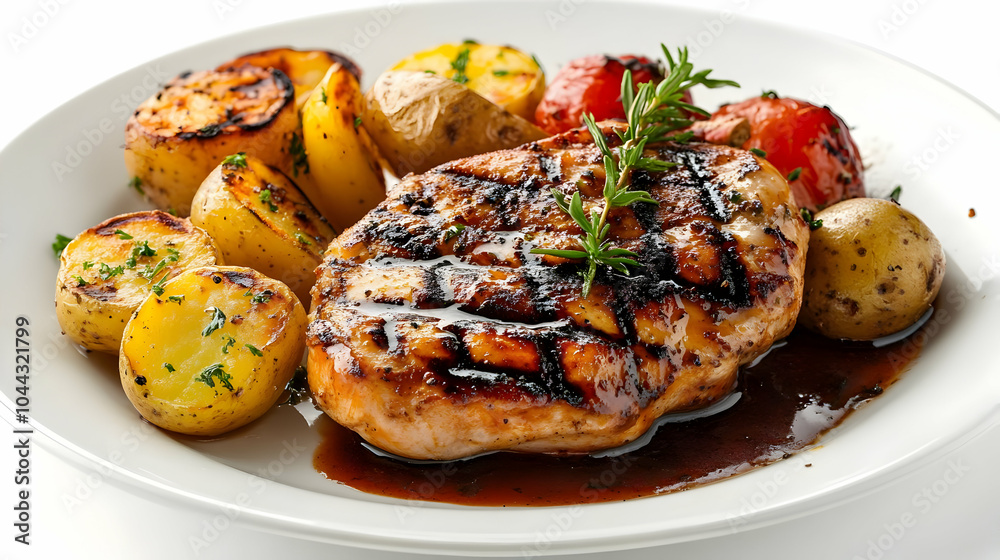 Grilled chicken breast with roasted potatoes and tomatoes, rosemary, white plate, food photography, dinner, meal Grilled chicken breast with roasted potatoes and tomatoes, rosemary, white plate, food photography, dinner, meal