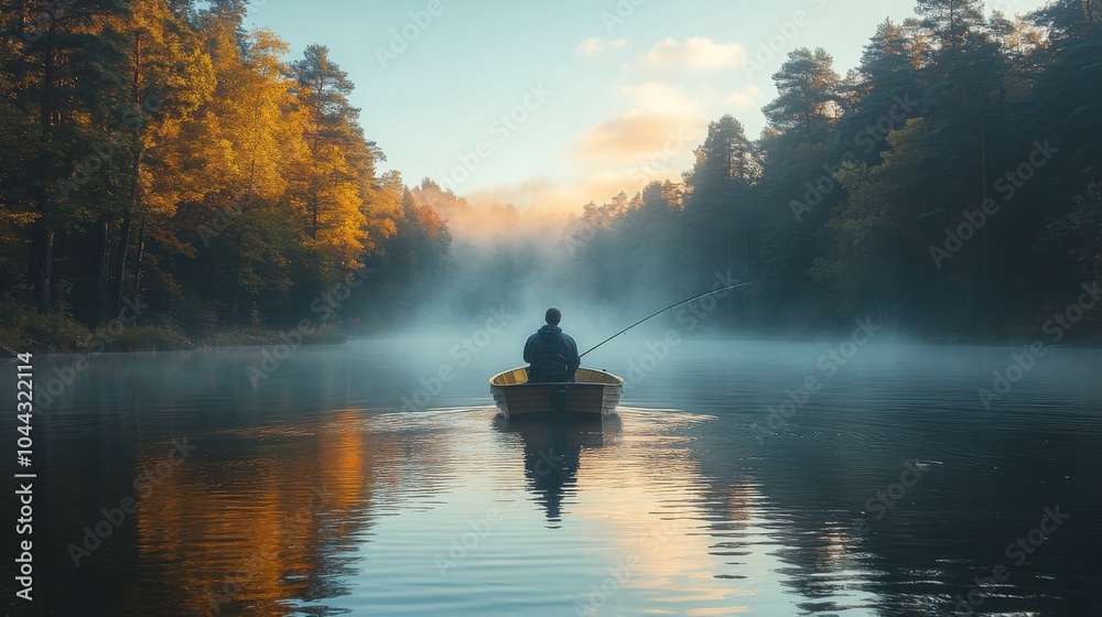 A man fishing on a calm lake. Featuring a boat and serene surroundings. Showcasing relaxation and patience. Ideal for nature blogs. A man fishing on a calm lake. Featuring a boat and serene surroundings. Showcasing relaxation and patience. Ideal for nature blogs.