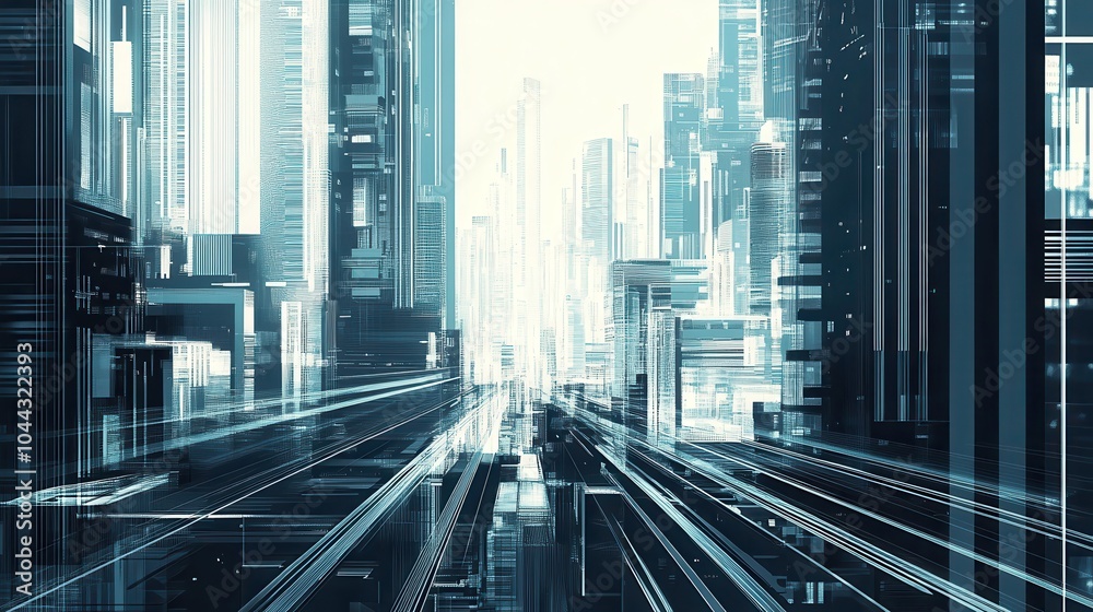 Fototapeta premium Abstract Digital Rendering of a Cityscape with Glass Buildings and Light Streaks