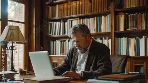 Man Working on Laptop in Study