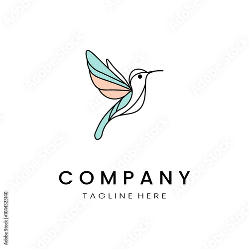 minimalistic and simple hummingbird vector line art with a bit of color, on a white background 
