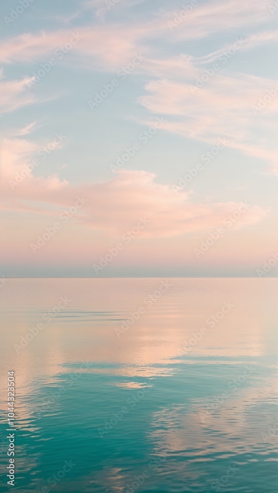 serene, peaceful sea, with still, mirror-like, turquoise water reflecting a warm, soft, pastel-hued sky at sunrise or sunset, serene, peaceful sea, with still, mirror-like, turquoise water reflecting a warm, soft, pastel-hued sky at sunrise or sunset,