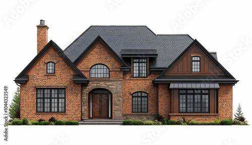 Brick house with black windows and a gray roof, home, building, architecture, exterior, red brick