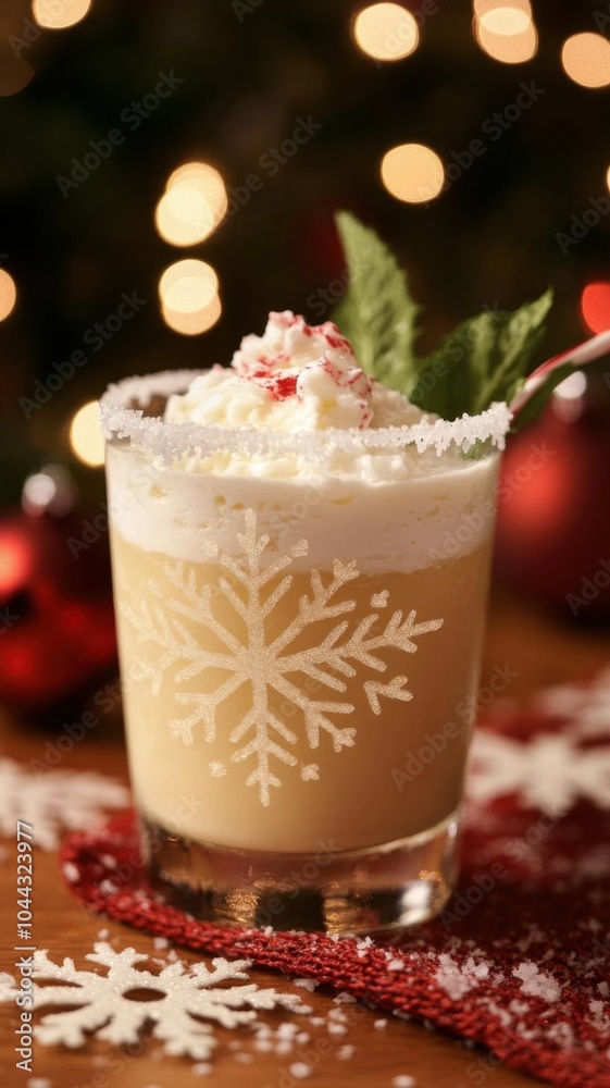 A Christmas Pina Colada with coconut cream and a hint of peppermint, served in a snowflakeetched glass