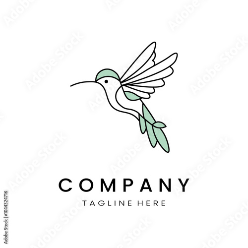 minimalistic and simple hummingbird vector line art with a bit of color, on a white background 
