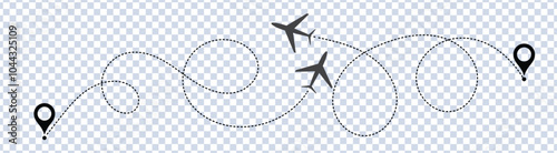  plane routes dotted paths aircraft travel route start point Flight route with start point and dash line