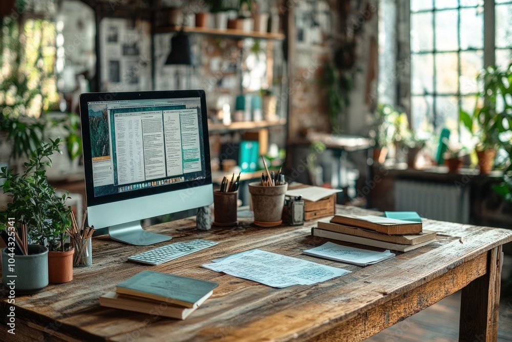 A cozy and organized workspace with a computer, plants, and books on a wooden desk A cozy and organized workspace with a computer, plants, and books on a wooden desk