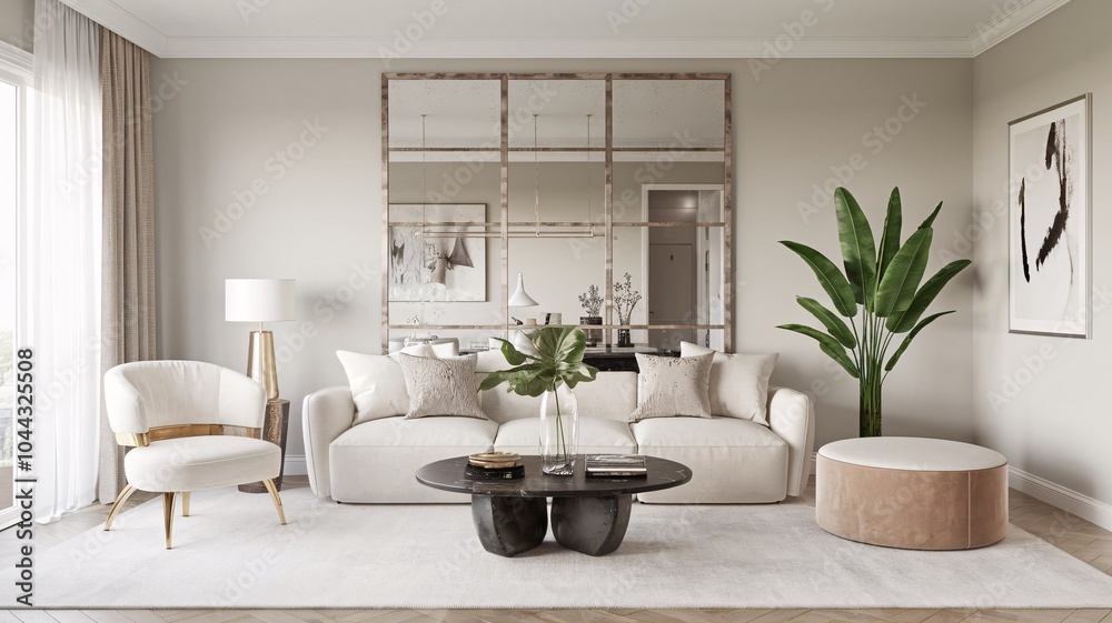 Luxury Glam Living Room A modern living room with a white couch, an armchair, and a coffee table with a vase of flowers. Luxury Glam Living Room A modern living room with a white couch, an armchair, and a coffee table with a vase of flowers.