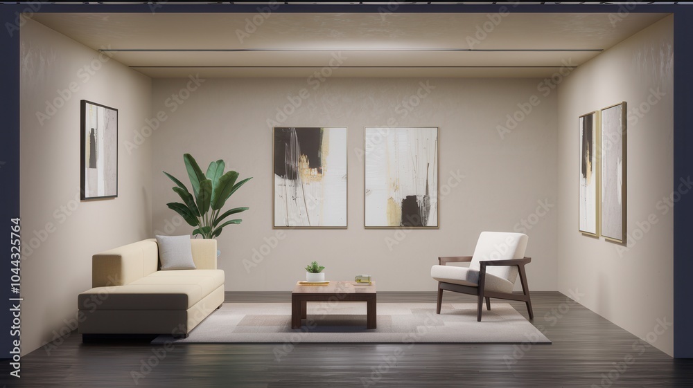 Fototapeta premium Neutral Minimalist Living Room with Modern Furniture and Contemporary Decor