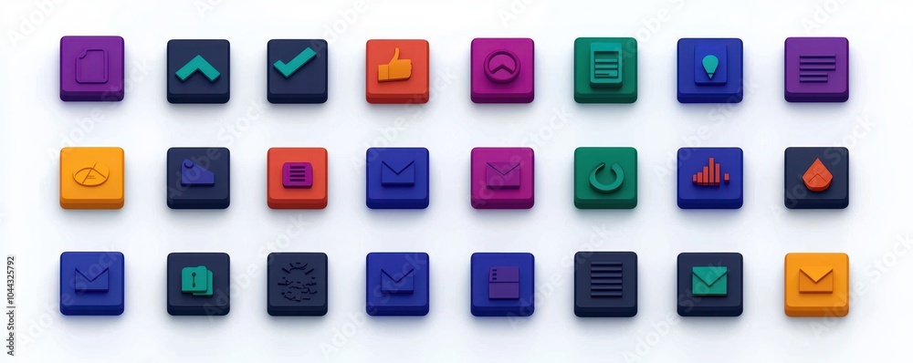 A colorful arrangement of various UI icons on square buttons, depicting functions like upload, check, and notifications, ideal for app design themes. A colorful arrangement of various UI icons on square buttons, depicting functions like upload, check, and notifications, ideal for app design themes.