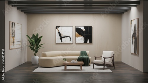 Modern Minimalist Living Room with Neutral Tones, Dark Wood Floors, and Natural Light photo