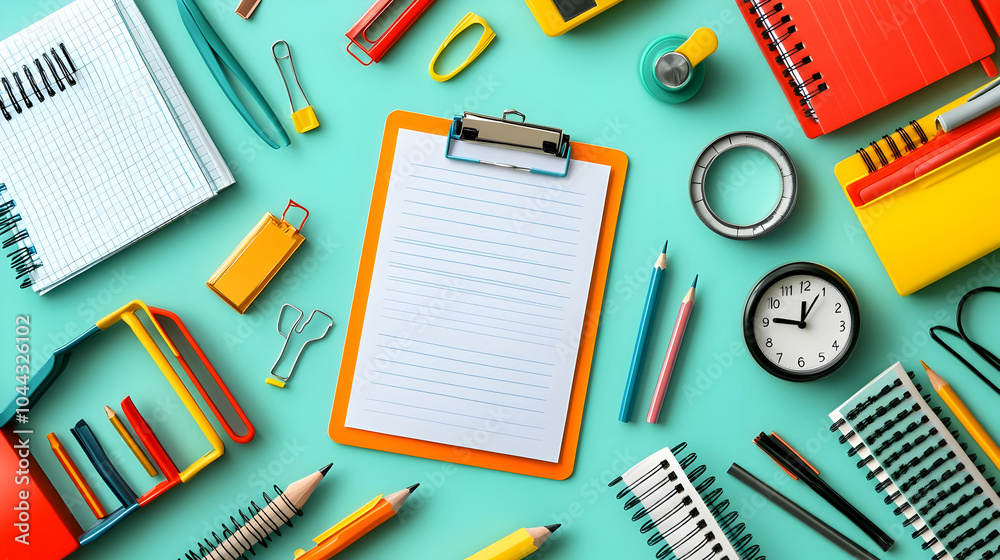Back to School Supplies on Turquoise Background, stationery, office supplies, pencils, pens, notebook Back to School Supplies on Turquoise Background, stationery, office supplies, pencils, pens, notebook
