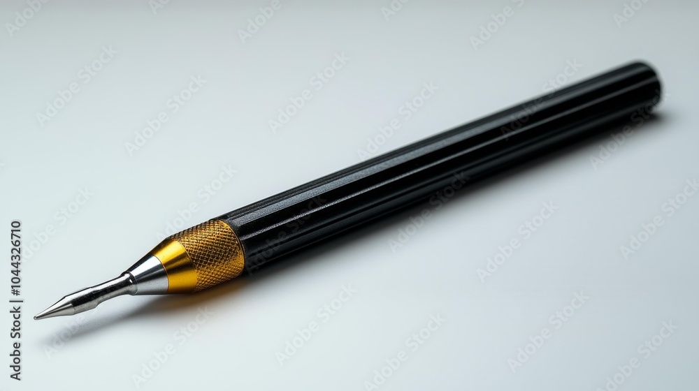 Mockup of a precision screwdriver with a golden metal grip and a black shaft on a plain white background ideal for tool or engineering-related product presentations. Generative AI Mockup of a precision screwdriver with a golden metal grip and a black shaft on a plain white background ideal for tool or engineering-related product presentations. Generative AI