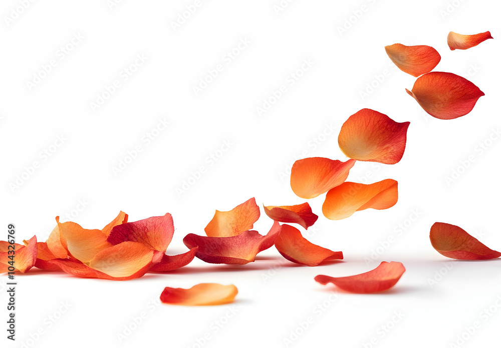 Rose Petals Falling on White Background, flower, red petals, orange petals, floating, flying
