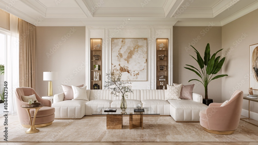 Luxury Glam Living Room A modern living room with a white sectional sofa, two pink accent chairs, a coffee table, a lamp, and a plant.