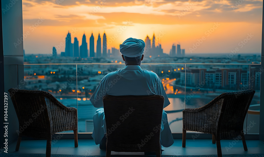 Fototapeta premium Man in Traditional Clothing Admiring Cityscape at Sunset, skyline, dusk, twilight, golden hour, urban