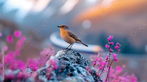 A stunning close-up of a bird perched on a flower with a distant view of a train winding through snowy mountains taken with a 600mm lens on a Sony A90. photo
