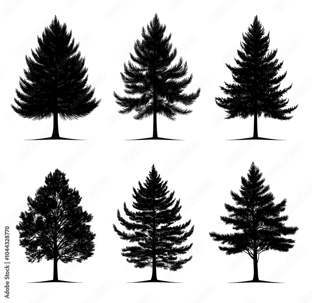 Obraz premium Set of black pine tree silhouettes on a white background, in a clip art style