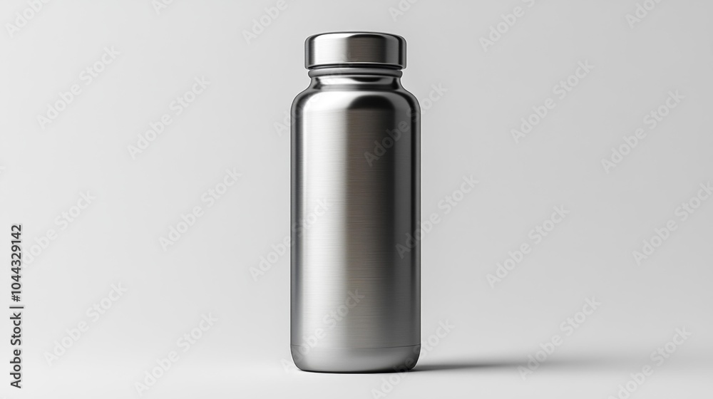 Stainless steel metal flask mockup isolated on white background ideal for branding and product design showcase showcasing minimalistic design for beverage containers. Generative AI