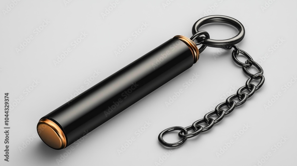 Keychain bottle opener mockup in sleek black with gold accents perfect for displaying custom branding promotional items or merchandise designs on a white background.. Generative AI Keychain bottle opener mockup in sleek black with gold accents perfect for displaying custom branding promotional items or merchandise designs on a white background.. Generative AI