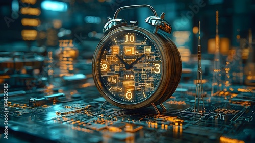 An depiction of a vintage wooden alarm clock with technology elements inside  The clock face shows high speed data streams and interconnected devices