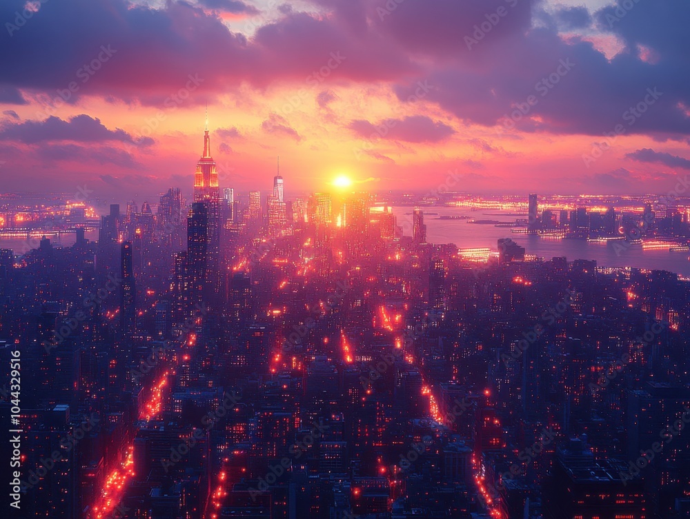 Fototapeta premium Aerial view of a vibrant cityscape at dusk. Featuring illuminated buildings and bustling streets. Emphasizing urban life and modernity. Ideal for city living and nightlife promotions.