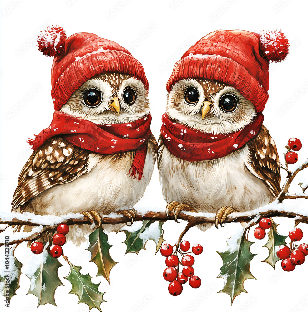Fototapeta premium Two cute owls in red hats and scarves sitting on holly branches on white background