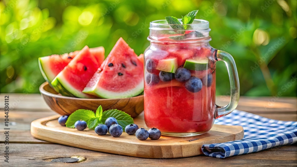 Refreshing Watermelon and Blueberry Infused Beverage on a Wooden Table with a Checkered Cloth and Fresh Mint Leaves Refreshing Watermelon and Blueberry Infused Beverage on a Wooden Table with a Checkered Cloth and Fresh Mint Leaves