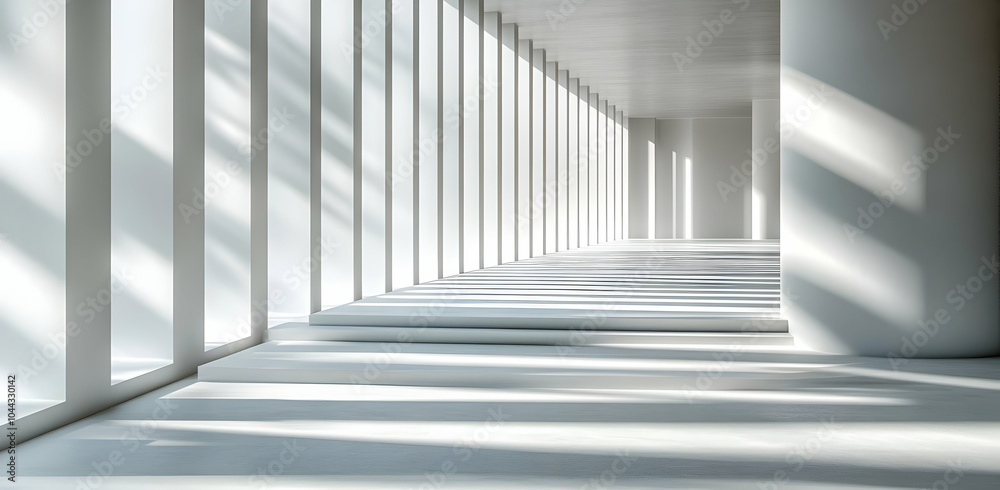 Fototapeta premium Modern Minimalist White Corridor with Sunlight, hallway, architecture, interior, contemporary, design