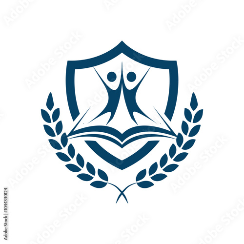 This is a simple emblem design that depicts two abstract humans inside a shield standing on a book with a laurel wreath at the side of the shield for education related logo
