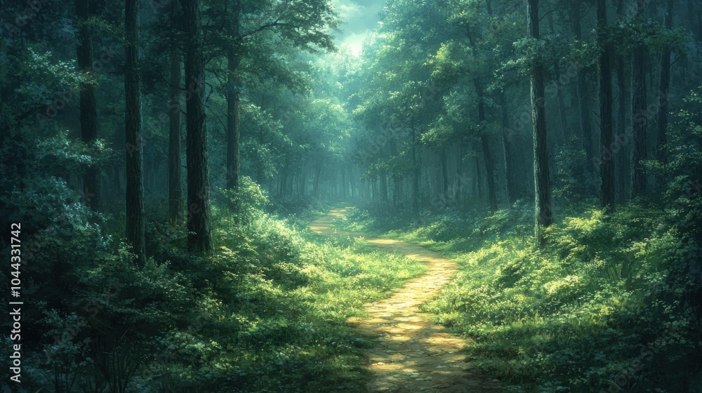Obraz premium Artistic painting of a serene forest. Featuring tall trees and a winding path. Emphasizing tranquility and natural beauty. Ideal for art and nature blogs.